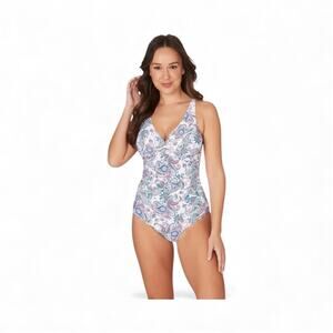 Nip Tuck Swim Paisley Print Slimming One Piece Padded Ruching Size 12 Swimwear